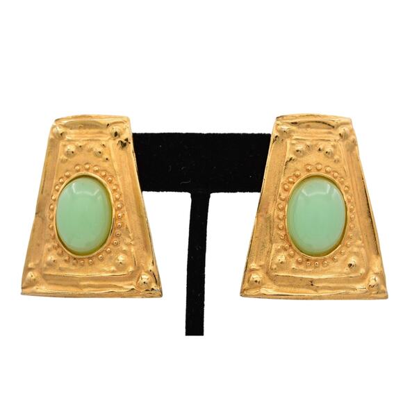 Givenchy Green Cabochon Earrings Brushed Gold Chunky Signed Vintage 1980s BinQ - Picture 1 of 12